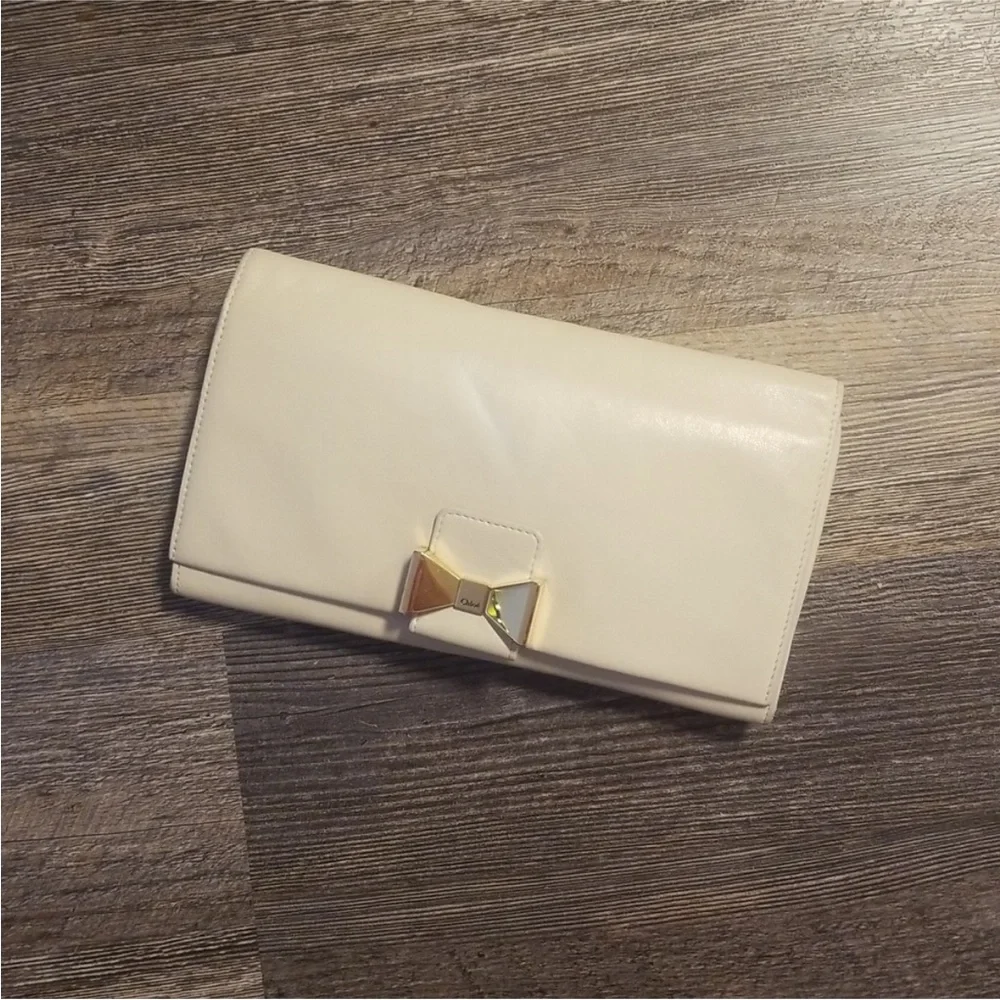 Chloé Chloe Gold Bow Cream Leather Clutch or Crossbody Bag